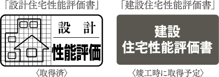 「設計住宅性能評価書」〈取得済〉「建設住宅性能評価書」〈竣工時に取得予定〉