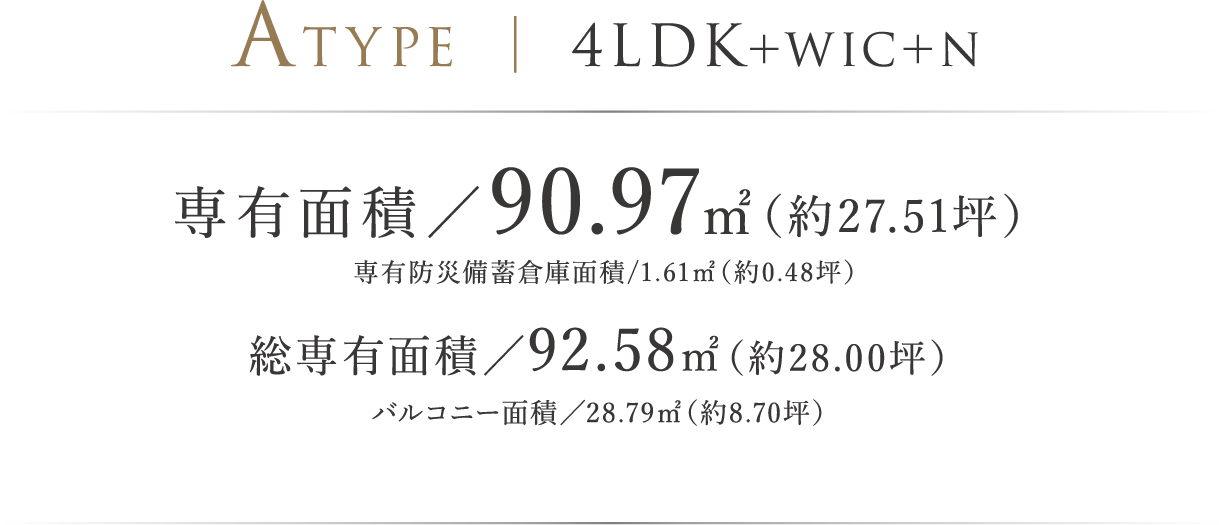 ATYPE ｜ 4LDK＋WIC＋N 専有面積／90.97㎡（約27.51坪）専有防災備蓄倉庫面積/1.61㎡（約0.48坪） 総専有面積／92.58㎡（約28.00坪）バルコニー面積／28.79㎡（約8.70坪）